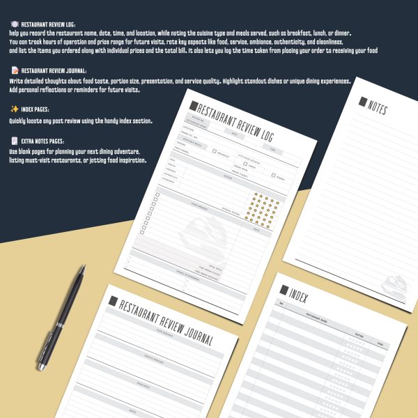 Inside pages of Restaurant Review Journal showing restaurant name, cuisine type, ratings, and dining notes for food lovers